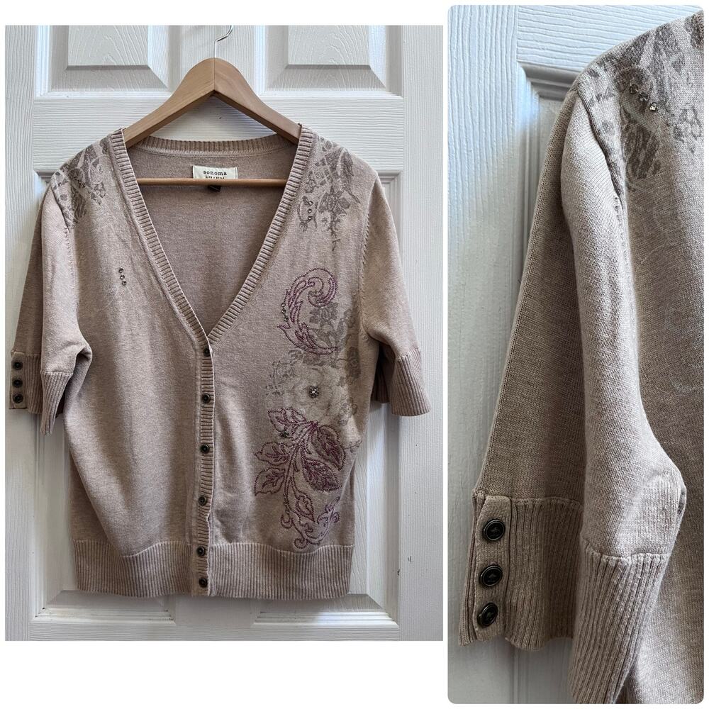 Y2K Sonoma Embroidered Gem Embellished Short Sleeve V Neck Cardigan Large